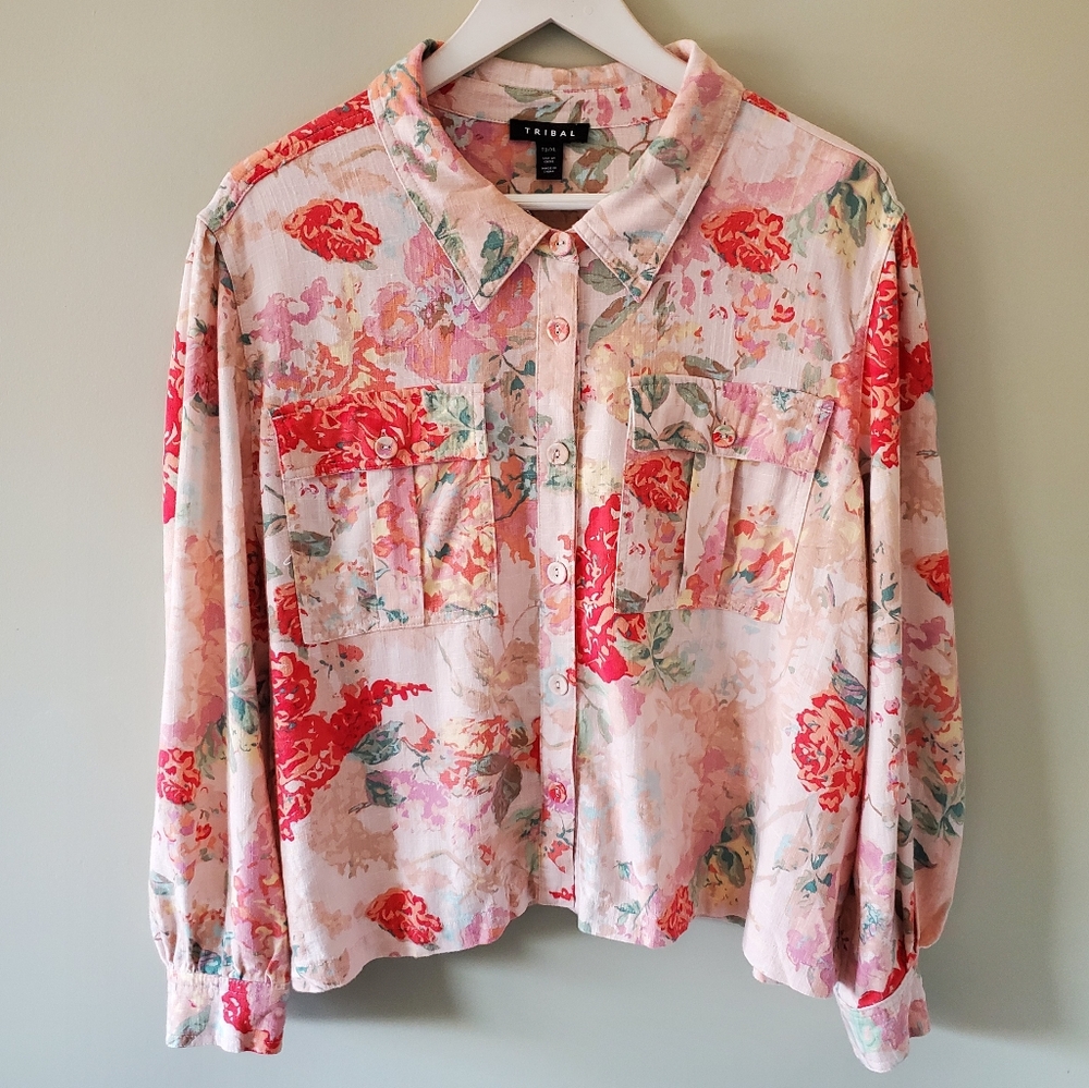 Tribal Floral Button-Down Shirt in Pink and Red